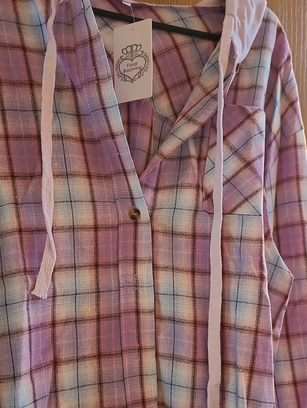 Lavender Plaid Hooded Flannel Top, Black Plaid Hooded Flannel Top.